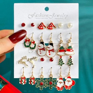 Christmas Series Snowflake Bell Earnail Combination Set Cross border Cartoon Drip Oil Elk Old Man Christmas Earrings