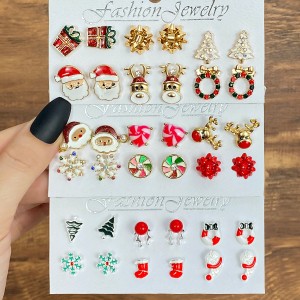 Christmas series snowflake bell earring combination set, foreign trade hot selling cartoon drip oil cane, elderly earring, female