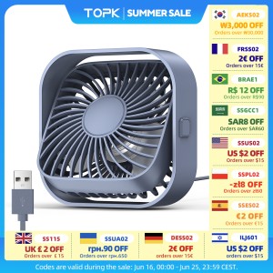 TOPK Mini Portable Fan USB Desk Fan Table Strong Airflow &Quiet Operation 3 Speed Wind 360 °Rotatable Standing fans for room Home