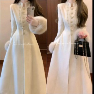 国风网红甜美可爱呢子大衣过膝风衣气质名媛千金白色长外套潮